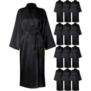 Xtinmee 12 Pcs Women's Long Satin Robes Full Length Sleepwear Silky Bath Robe Kimono Dressing Gown for Wedding Birthday Party , One Size , Black