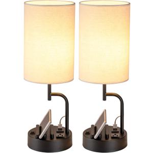 Dreamholder Table Lamp with 3 USB Charging Ports, Modern Desk Lamp with AC Outlet and Phone Stands, Perfect Bedside Lamp for Bedroom, Living Room, Office (Pack of 2), Cream (Linen Shade)