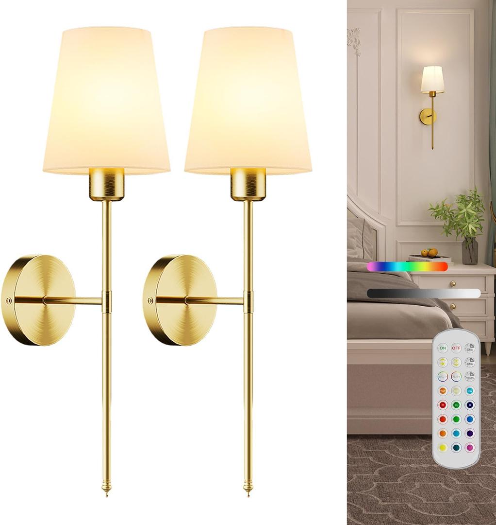 Battery Operated Wall Sconce Set of 2,Rechargeable Wall Lights with Dimmable Detachable Bulbs and Remote,15 Colors Wireless Wall Lamps for Bedroom Living Room Hallway,Gold(2 Pack)