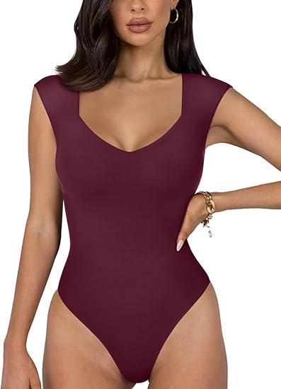 REORIA Women's Summer Sexy Casual V Neck Double Lined Seamless Sleeveless Slimming One Piece Leotards Going Out Trendy Tank Top Tees Thong Bodysuits Rusty Red Large