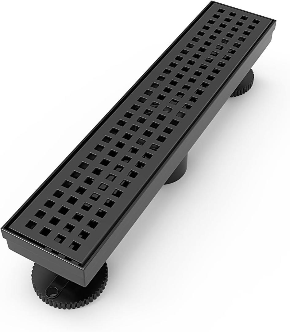 12 Inch Linear Shower Drain Rectangular Floor Drain with Accessories Square Hole Pattern Cover Grate Removable SUS304 Stainless Steel CUPC Certified Matte Black