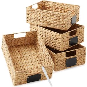 Casafield Set of 4 Water Hyacinth Pantry Baskets, 10" x 13" x 5", with Chalkboard Labels and Chalk Marker - Natural, Woven Storage Bin Organizers for Kitchen Shelves