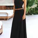 PRETTYGARDEN Women's 2 Piece Maxi Skirt Sets Casual Summer Knit Cropped Tank Top High Waisted Long Skirts Outfit (Black, S)