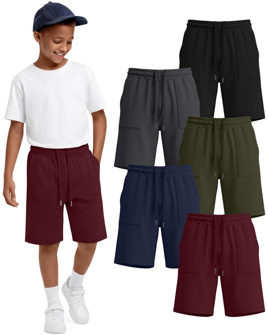 Langyiwee 5 Pack Boys Knee Length Long Shorts, 5-Color, 8-9 Years