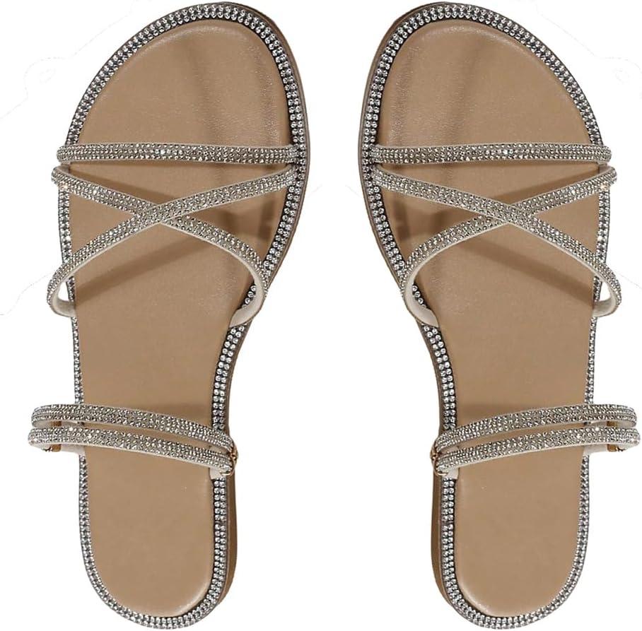 OYOANGLE Women's Rhinestone Strappy Open Toe Slide Sandals Slip on Casual Flat Sandals (6, Apricot)