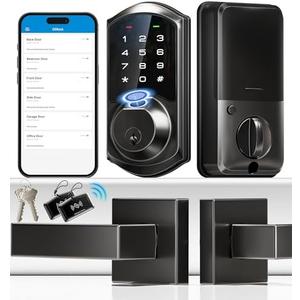 Veise VE07-L Fingerprint Smart Locks for Front Door with 2 Lever Handle Set, App Control, Keyless Entry, Electronic Digital Keypad Deadbolt, Auto Lock, Waterproof, Easy to Install, Matte Black