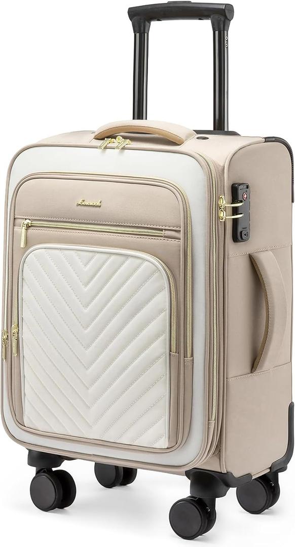 LOVEVOOK Carry On Luggage 22x14x9 Airline Approved,20 Inch Carry On Suitcases with Wheels,Softside Rolling Suitcase with TSA Lock for Women Men,Lightweight Travel luggage (Rice White/Khaki-a)