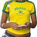 Vintage Graphic Baby Tees for Women Brazil Shirt Y2k Tops Baby Crop Tees 90s Summer Going Out Tops Streetwear Shirts (Small, Yellow)