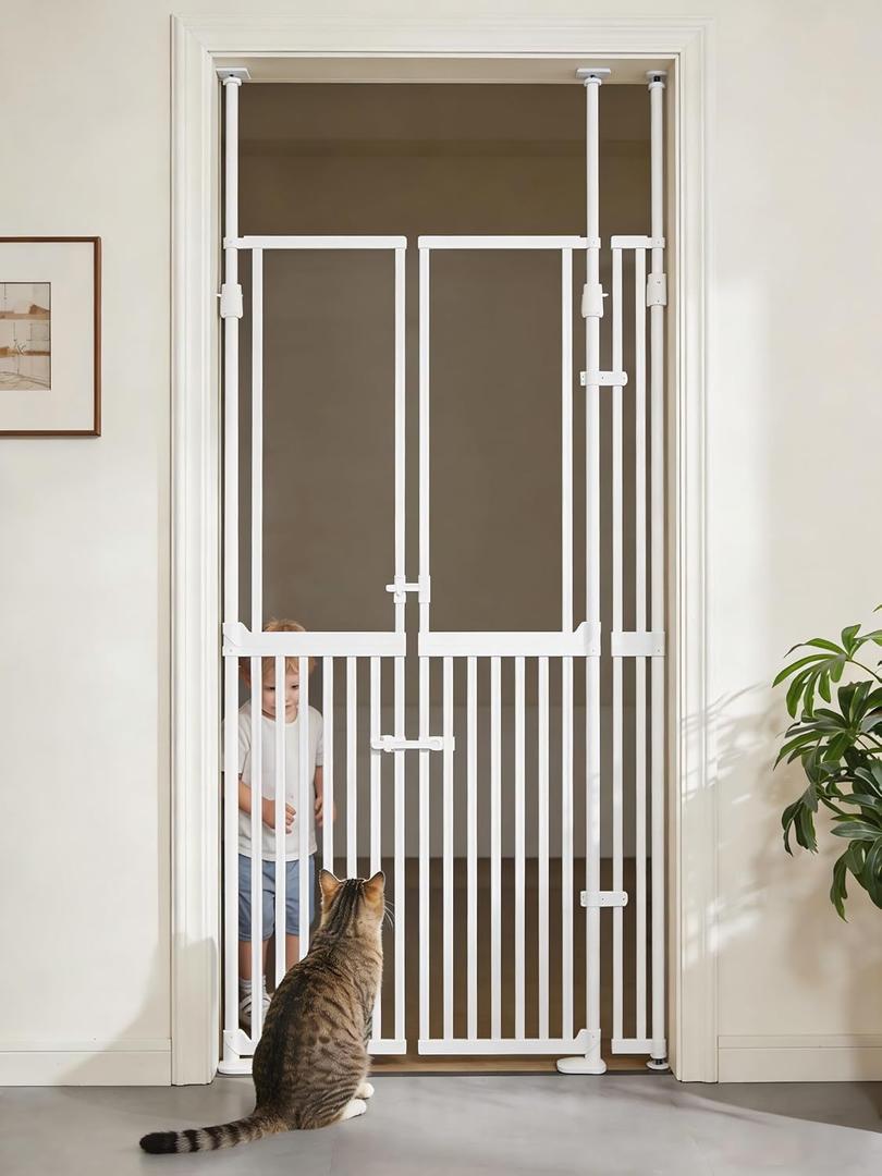 74.8"-90.5" Tall Cat Gate, 33.8"-38.2" Width Pet Gate with Auto-Close Double Door and Clear View Panel, No Drilling Pressure Mount for Doorway Indoor Stairs Hallway