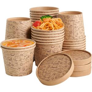 LITOPAK 50 Pack 12 oz Paper Containers with Vented Lids, Kraft Paper Food Cups, Soup Containers Cups with Lids, Disposable Bowls for Hot Soup for Storing Food or Carrying Out