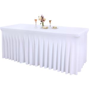 1 Pack White Tableclothes for 8 Foot Rectangle Tables, Wrinkle Resistant Fitted Table Cloth Stretch Spandex Table Covers with Skirt for Event Banquet Wedding Birthday Party