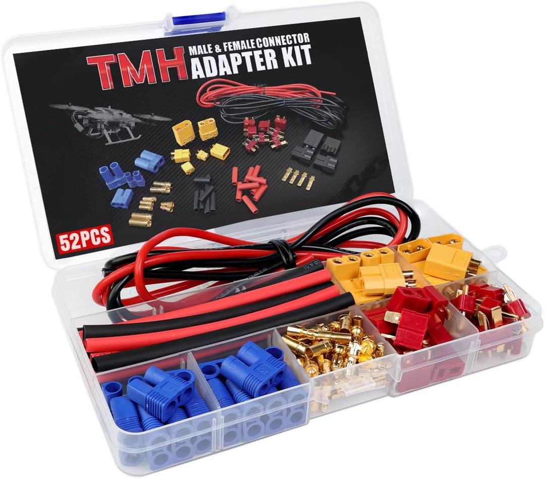 TMH 52 Pcs T-Plug EC3 XT60 Male and Female Plug Adapter Connector Kit with 14 AWG Silicone Wire + Heat Shrink Tubing, Compatible for RC ESC Lipo Battery Motor (Total 52 PCS)