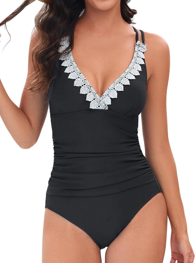 Lace V Neck One Piece Swimsuits for Women Tummy Control Bathing Suits Sexy Criss Cross Back Swimwear (Small, Style25-black)