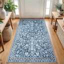 Vintage 3x5 Washable Rug for Entryway, Super Soft Blue and White Entryway Rug Non-Slip, Printed Faux Wool Floral 3x5 Area Rug Thin Floor Carpet for Kitchen, Bedroom, Office, Living Room (Blue White With Subtle Greenish Hue)