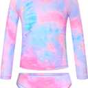 TENVDA Girls Swimsuit Long Sleeve Rash Guard Sets UPF 50+ Two Piece Bathing Suits Size 3-12 Years (6-7 Years, Tie Dye B)