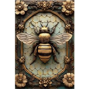 Vintage Tin Bee Sign Wall Decor, 2D Flat with 3D Visual Effect, Bee Decorations for Home & Kitchen, Retro Metal Bee Art, 8 x 12 Inches, Unique Bee Gift Idea, Style A