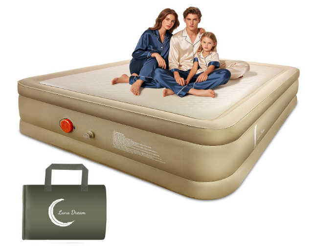 LunaDream King Air Mattress with USB Rechargeable Built-in Pump, Wireless Inflatable Airbed, FlexWeave Tech for 1100 lbs Enhanced Support, Portable for Home & Camping, Leak Proof Design, Carry Bag