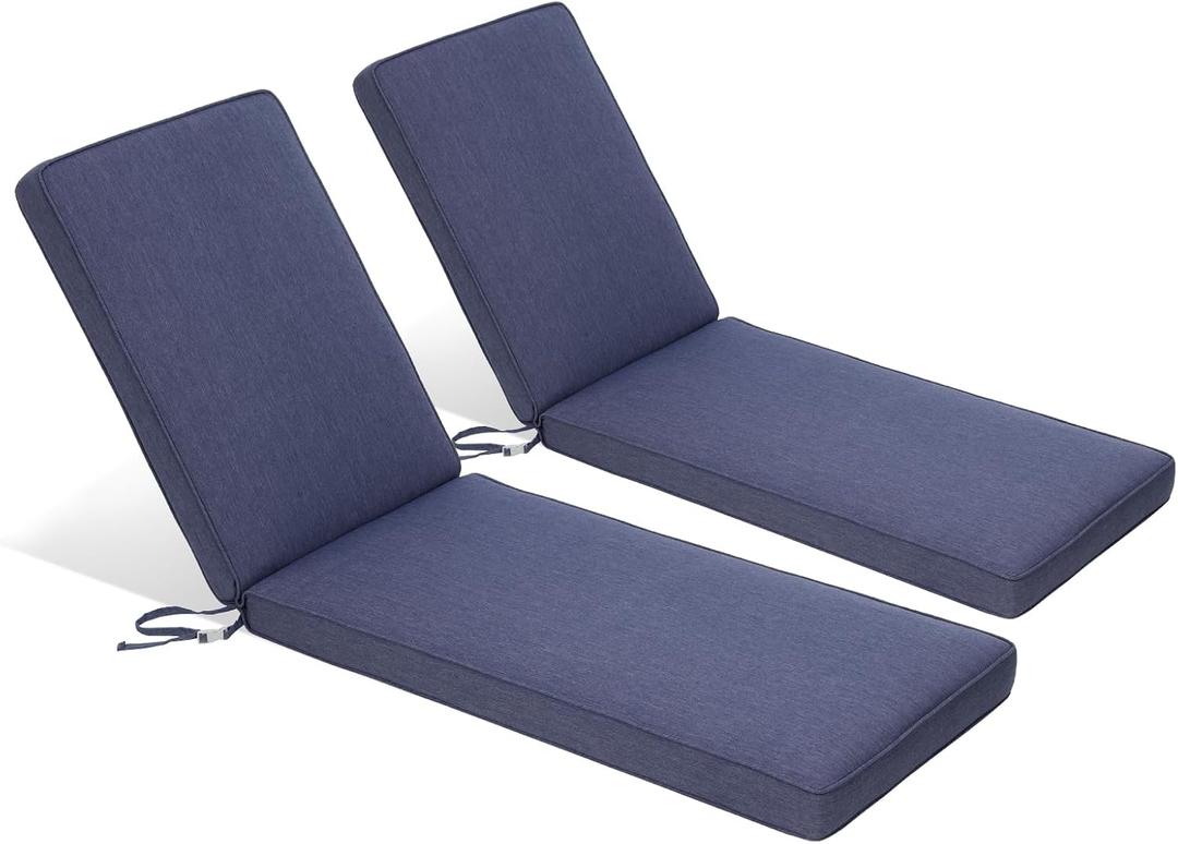 Aoodor 72" x 21" Patio Chaise Lounger Cushions, Fade-Resistant and Water-Resistant Olefin Fabric Slipcovers with Sponge Foam, Set of 2, Dark Blue