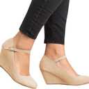 Coutgo Womens Wedge Pumps Dressy Mary Jane Shoes Comfort Wedges Closed Toe Ankle Strap Heeled Shoes, Size 7.5