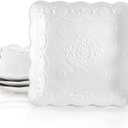 Tebery Set of 4 Square Embossed Ceramic Plate, 10 Inch Elegant Dinner Plates Ivory White, Appetizer Salad Serving Plates Kitchen Plates for Christmas Afternoon Tea Banquet Wedding Party Steak Pasta