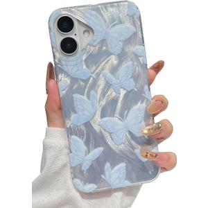 Compatible with iPhone 16 Case6.1" with Butterfly Design, Cute Slim Soft TPU + Hard PC Shockproof Protective Phone Case for Women Girls Aesthetic Glitter - Blue