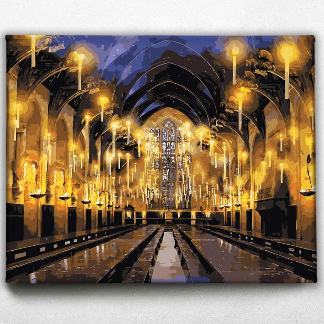 CRAFTHUB Harry Potter Painting by Numbers Kit - The Great Hall - Canva Without Frame. Wood Brush Set*4 with Hook, 18-24 Colors, A4 Paper Guider