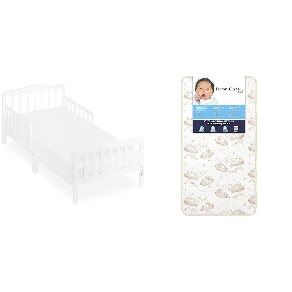 Dream On Me Classic Design Toddler Bed in White, Greenguard Gold Certified & Foam 2-in-1 Breathable Twilight 5" Spring Coil Crib and Toddler Bed Mattress Firm
