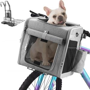 Expandable Dog Bike Basket with Secure Mounting Bracket, Multi-Functional Foldable Pet Carrier Backpack for Small Dogs & Cats, Features Safety Buckle & 4 Mesh Windows(Light Gray for MTB)