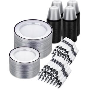 700PCS Clear Black Disposable Plates Set for 100 Guests, 200 Plastic Plates, 100 Plastic Cups, 100 Pre-Rolled Napkins with Cutlery for Party, Christmas, Birthday, Wedding, Thanksgiving, Halloween