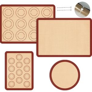 Silicone Baking Mat Set of 4, Nonstick Reusable Macaron Silicone Baking Mat & Round Pizza Mat, Cookie Baking Supplies for Macaroons, Pastry, Pizza, Red