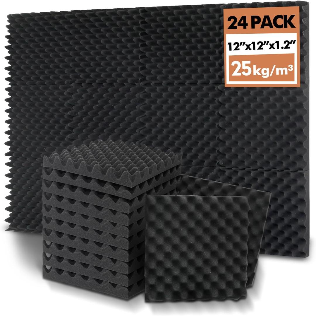 24 Pack Acoustic Panels, 12x12x1.2 Inches Egg Crate Acoustic Foam Panels, Sound Proof Foam Panels Noise Reducing for Walls and Ceiling, Acoustic Wall Panels Sound Absorbing, Soundproof Wall Panels
