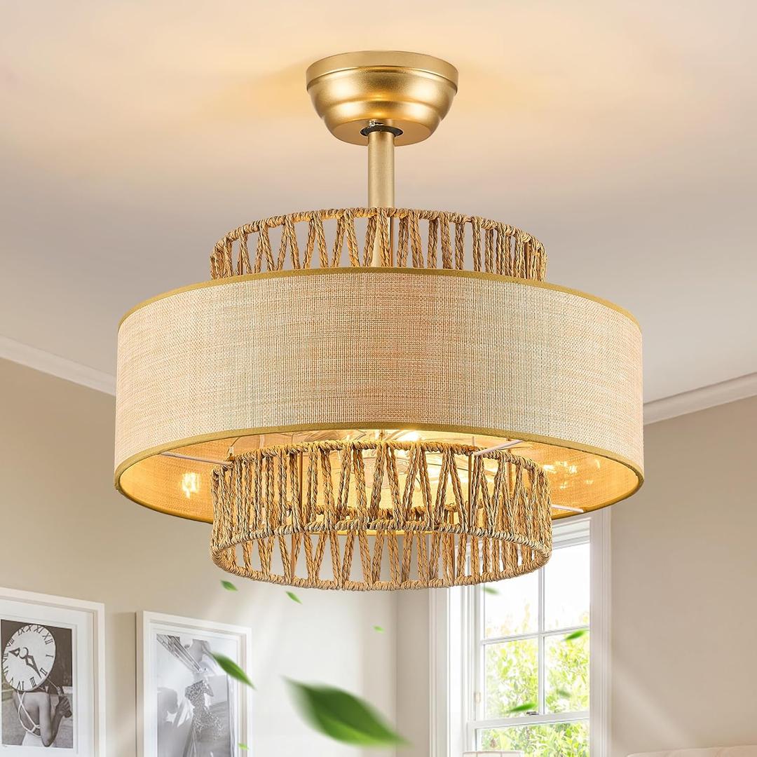 Boho Fandelier Ceiling Fans with Light andRemote Gold Enclosed Caged Ceiling Fan with LightRattan Chandelier Fan for Bedroom, Living Room,Kitchen (6 Speeds Bladeless Cellng Fan), 20inch