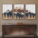 Framed Textured Wood Mountain Wall Art for Living Room, Large 3 Piece 3D Wood Farmhouse Artwork for Walls, Boho Landscape Mountain Forest Sun Wall Art Decor for Bedroom Office Hallway, 24x36 Inch, 24" W x 36" H x 3Pcs