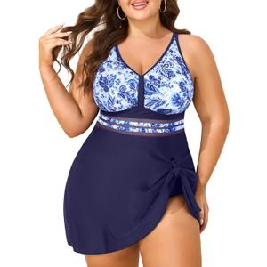 Women's Plus Size Tankini Swimsuits Mesh Two Piece Swim Dress Criss Cross V Neck Swimwear with Briefs (Blue and White Print)