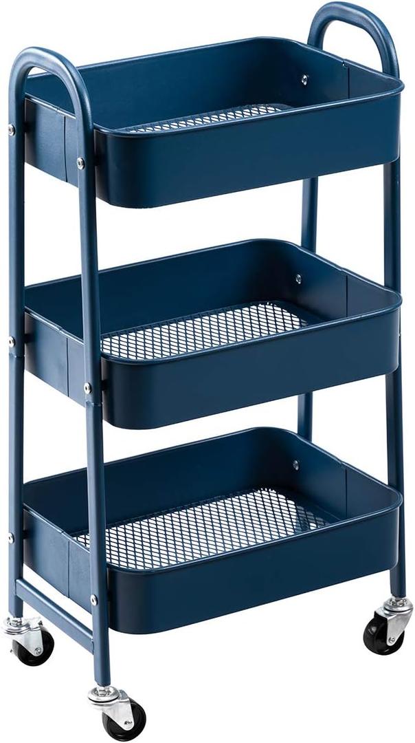 AGTEK 3 Tier Utility Rolling Cart with Lockable Wheels, Metal Multifunctional Storage, Organizer Cart for Kitchen, Office, Living Room, Makeup, Craft, Art Studio,Navy Blue