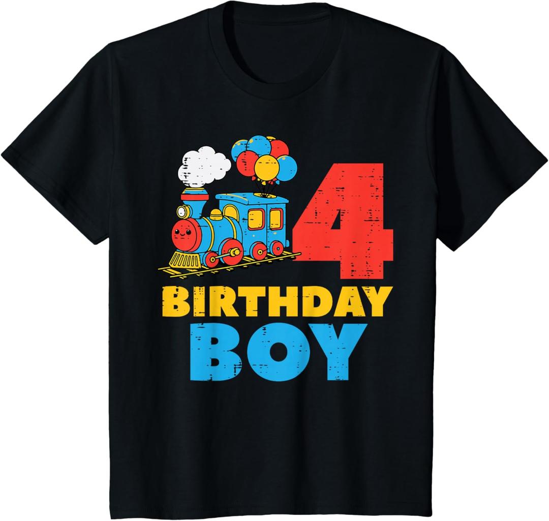 Kids 4th Bday Train Birthday Boy 4 Four Year Old Party Boys Kids T-Shirt