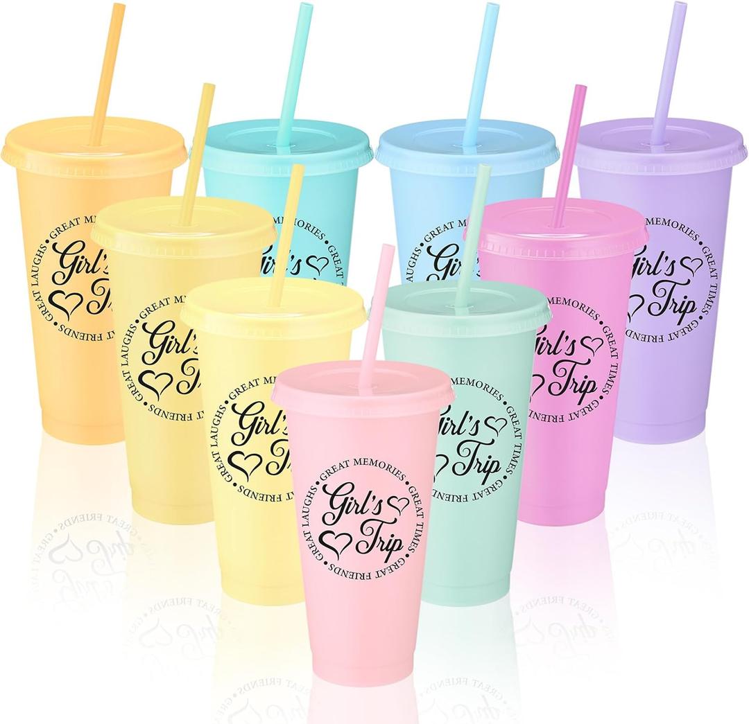 CHENGU 9 Set Girls Trip Gifts Favors Weekend Gifts 2026 for Girls Women Trip Cup with Lid Straw 24oz Plastic Tumbler Travel Friendship Cup for Friend Bachelorette Vacation Party (Bright)
