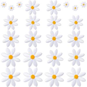 PAGOW 24 Pcs Flower Iron on Patches, Daisy Applique Patch for Clothes, Sew On Embroidered Floral Applique for Bags, Jeans, Shirts (White, 4 Sizes)