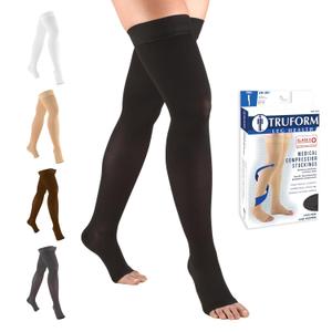 Truform 20-30 mmHg Compression Stockings for Men and Women, Thigh High Length, Dot-Top, Open Toe, Black, XLarge
