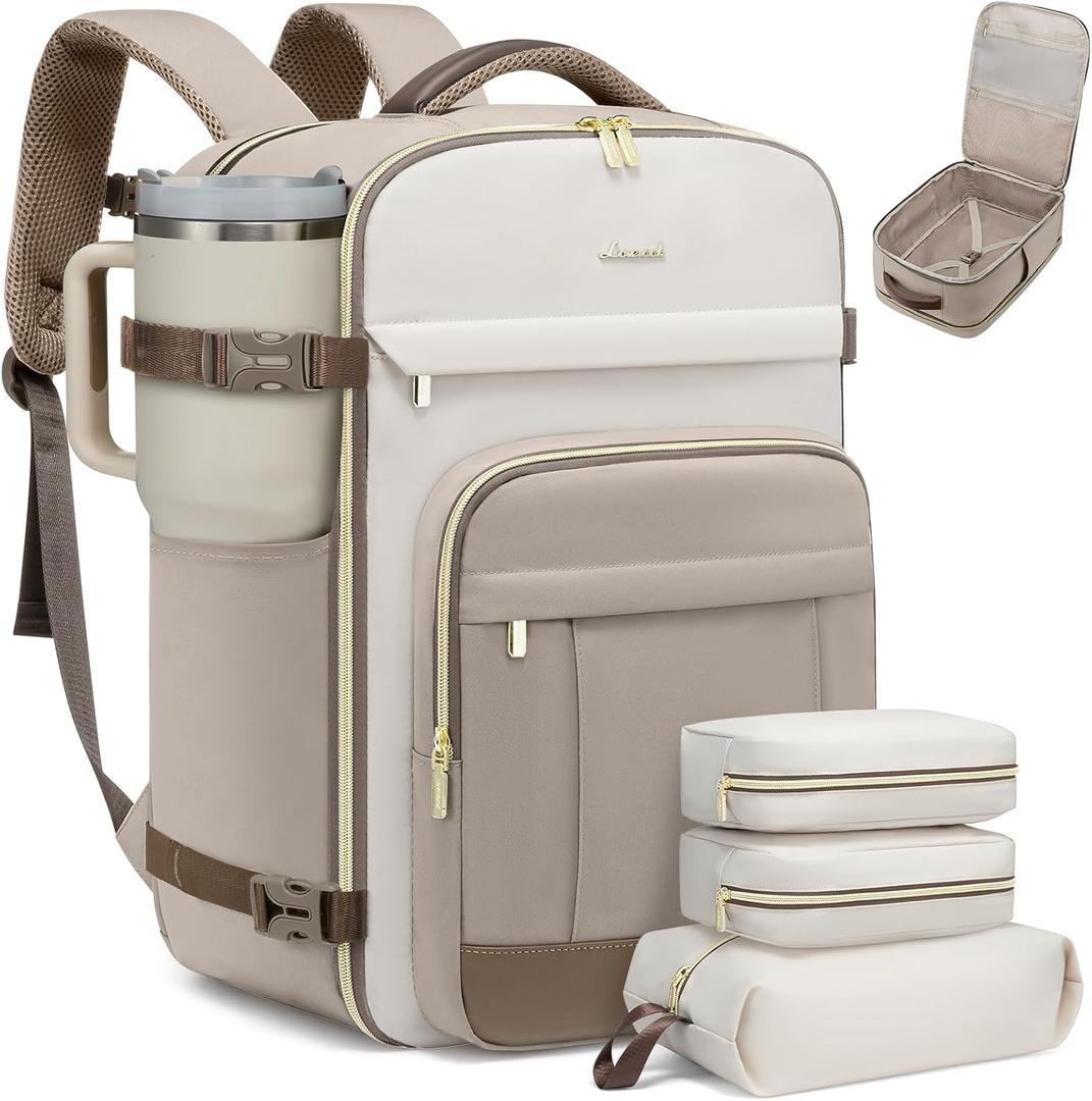 LOVEVOOK 40L Travel Backpack for Women & Men - 17.3 Inch Carry On Backpack & Personal Item Backpack for Airlines, Spacious and Durable Design, with 3 Packing Cubes (Large-40L-4Pcs, Khaki-beige-sand Brown)