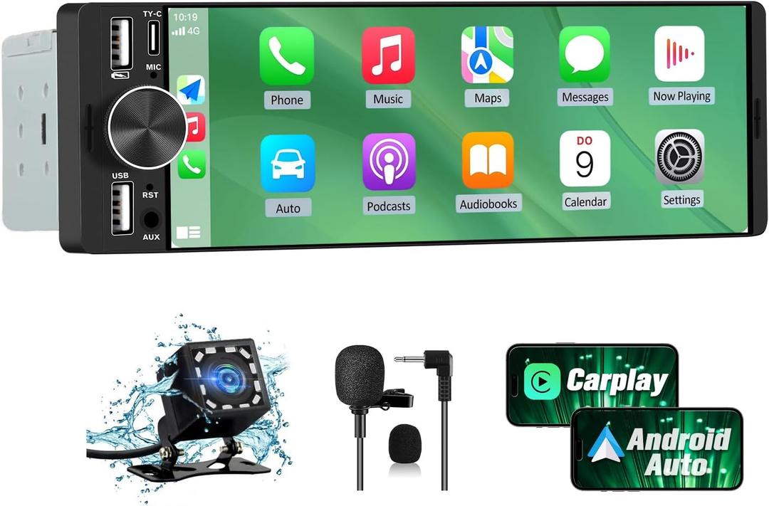 Pyniro 6.36" Single Din Car Stereo with Wireless CarPlay & Android Auto, IPS Touchscreen Head Unit with Backup Camera/ External Microphone, Car Radio Supports Bluetooth/ SWC/ FM/ Double USB/ Type-C
