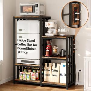 Mini Fridge Stand Coffee Bar Cabinet Station With Small Refrigerator Insert Storage Space, Shelf Organizer For Dorm Microwave To Sit On, Baker Rack With Power Outlet, Big Table To Go Over Hide Fridge