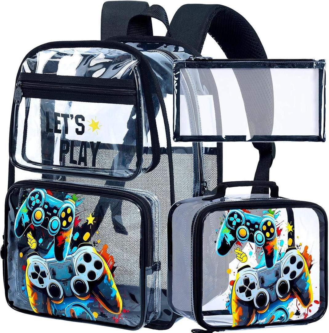 KLFVB 3PCS Clear Backpack for Girls and Boys, Kids See Through Backpacks Stadium Approved, Transparent Bookbag for Elementary