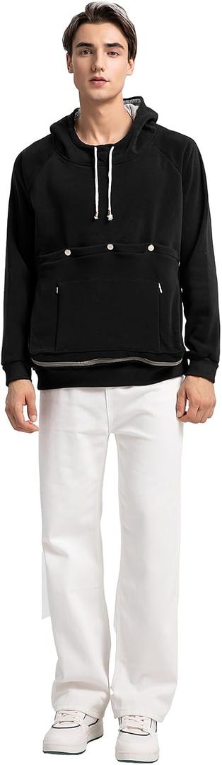 Unisex Cat Pouch Hoodie Long Sleeve Kitten Puppy Holder Hoodies Front Large Pouch Pet Carrier Sweatshirt (Black, XXL)