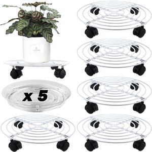 5 Packs Metal Plant Caddy with Locking Wheels 11.8 Inches Heavy-duty Wrought Iron Rolling Plant Stands with Casters Plant Dolly Plant Roller Base for Indoor and Outdoor Plant Pot Movers Saucers White