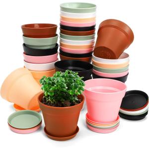 Frcctre 30 Pack 4 Inch Plastic Planter Pots, Small Flower Pots Seedlings Nursery Pots with Drainage Hole and Saucers for Indoor Outdoor Plants Flowers Herbs Succulents, 6 Colors