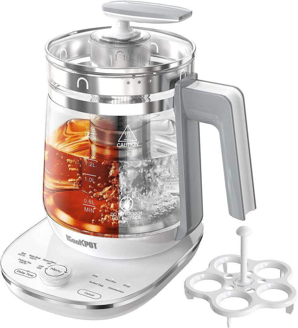 Hot Electric Kettle with Tea Infuser and Temperature Control, 1.5L Stainless Steel Tea Maker & 1200W Rapid Boiling, Programmable Control for Coffee and More, White