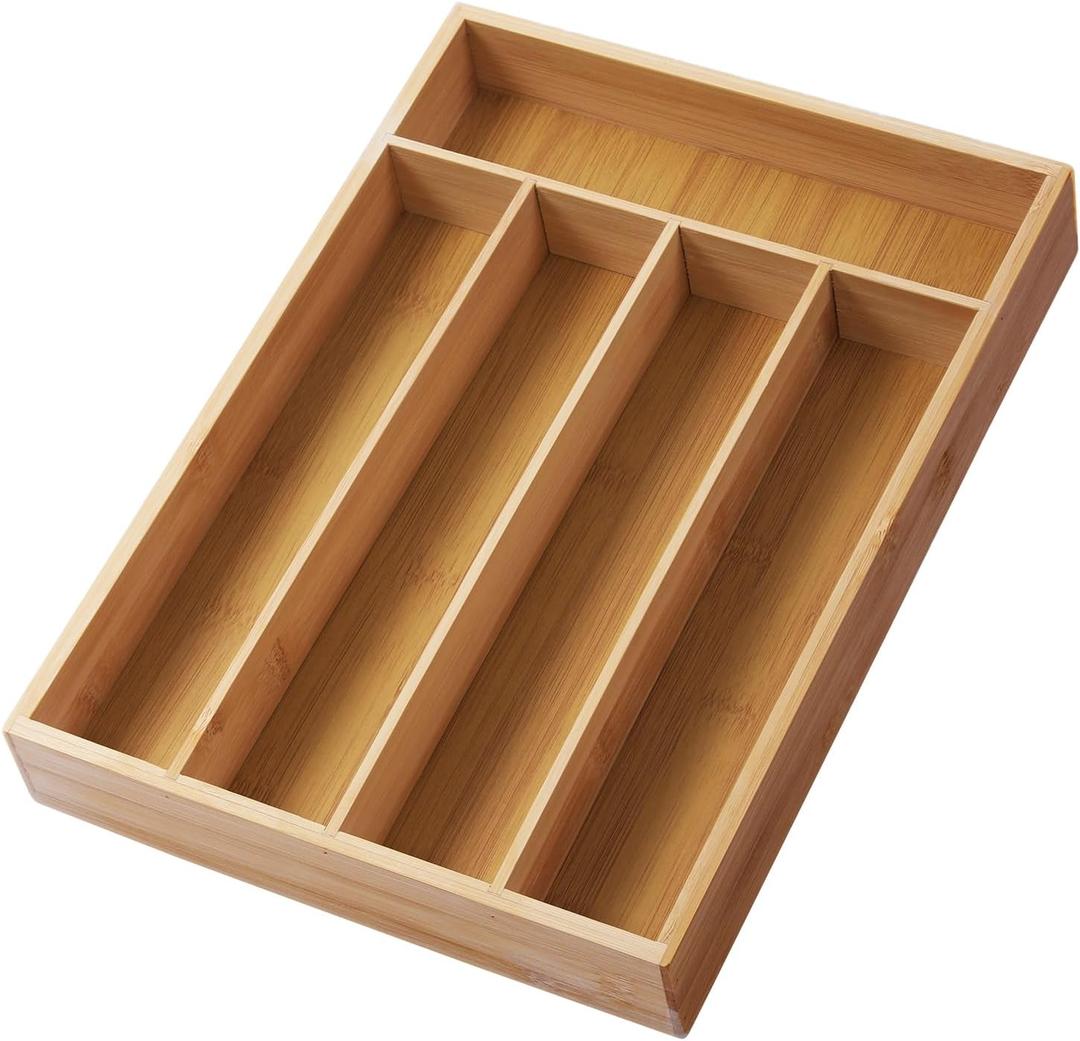 Bamboo Silverware Organizer Utensil Drawer Organizer,Bamboo Wood Silverware Tray for Kitchen Drawer,Cultery Caddy with DividersKitchen Organizer for Utensils & Flatware5-Compartment13.5"x 10"x 2"