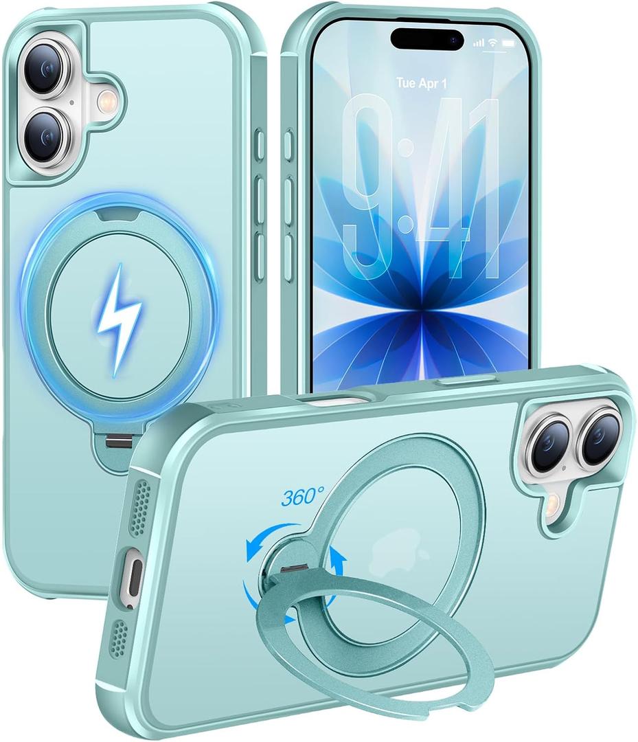 HuwaiH 360 Rotatable Magnetic Ring Stand for iPhone 17 Case, Compatible with MagSafe, Military-Grade Shockproof, Anti-Scratch Matte Translucent for iPhone 17 Phone Case(Lake Blue)