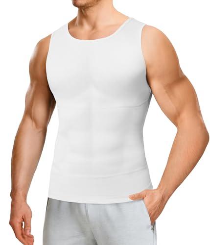 Nebility Mens Compression Shirt - Slimming Body Shaper Men Shapewear Tummy Control Vest Workout Tank Tops Undershirts White.XL